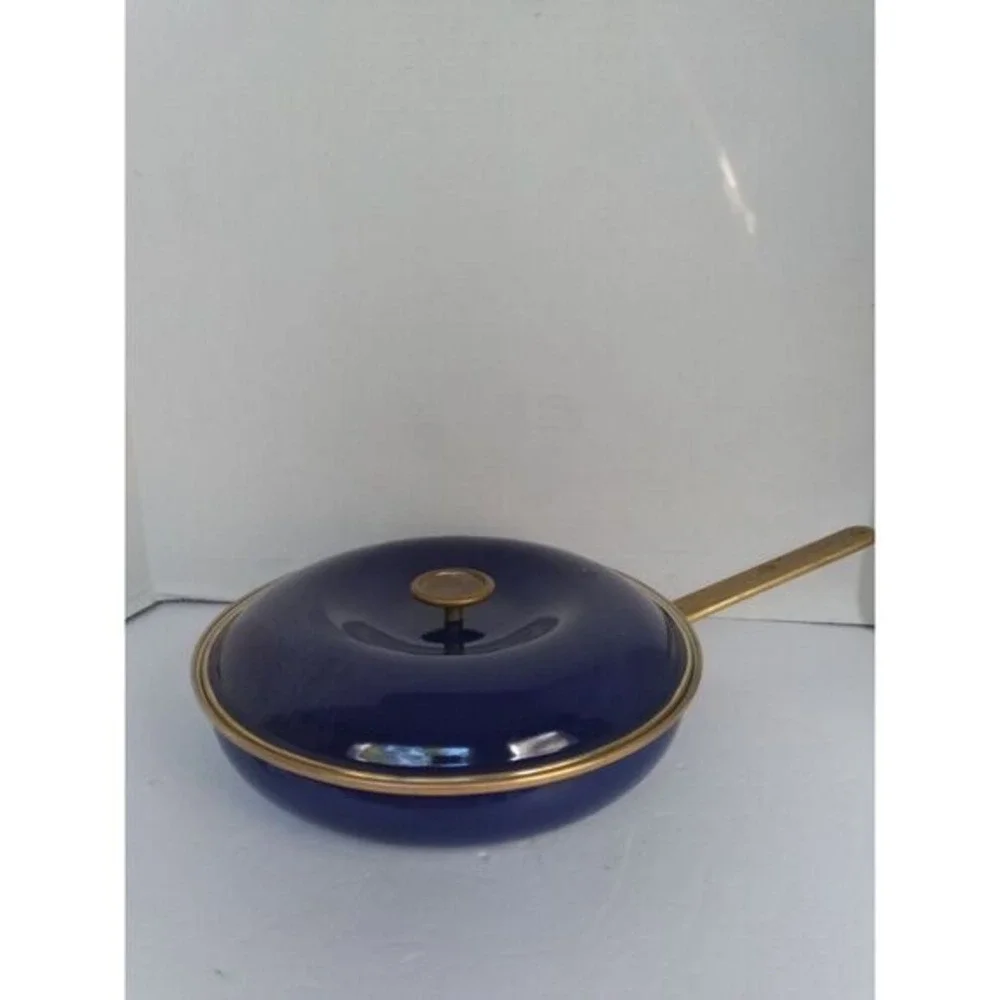 Copco Sam Lebowitz Fry Pan Skillet Lid Enamelware Blue Gold Trim 10